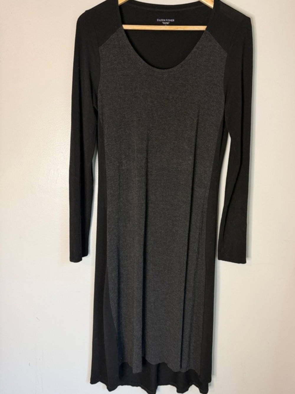 Eileen Fisher Charcoal & Black Long-Sleeve Scoop Neck Dress Sz S
